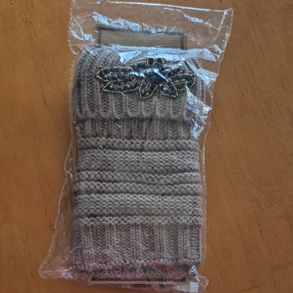 C.C Taupe Knit Boot Cuff with Beaded Embellished Detail. NIP
